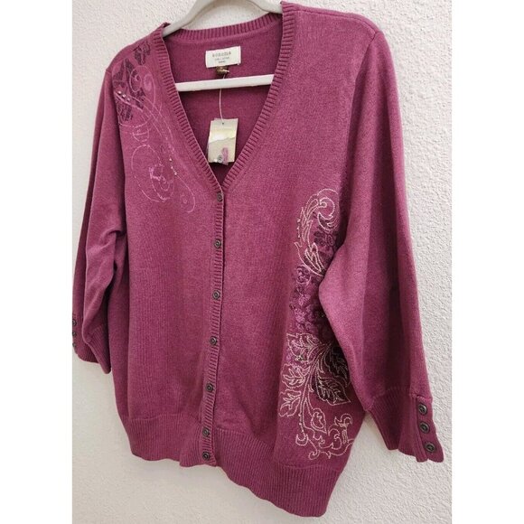 Sonoma Pink V-Neck Embroidered 3/4 Sleeve Button Up Sweater Cardigan sz 1X New - Picture 4 of 9